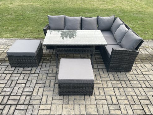 Fimous 8 Seater Outdoor Furniture Garden Dining Set Rattan Corner Sofa Set with Rectangular Dining Table Big Footstool Dark Grey Mixed