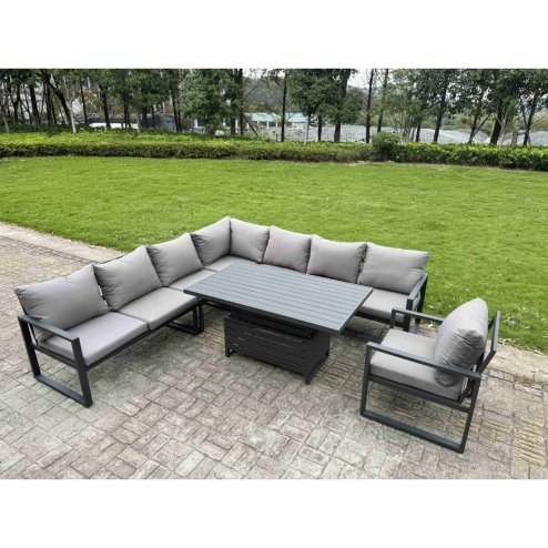 Fimous 8 Piece L-shaped Garden Furniture Set 9-Seater Aluminium Outdoor Dining Set with Adjustable Rising Lifting Dining Table 2 Small Footstools Dark Grey