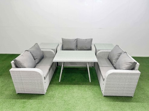 Fimous Rattan Garden Furniture Dining Set 6-seater Patio Rectangular Table Love Sofa Set with 2 Side Tables