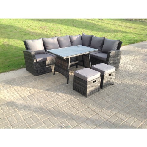 Fimous High Back Rattan Corner Sofa Set Dining Table Outdoor Furniture Dark Grey Mixed Right Option