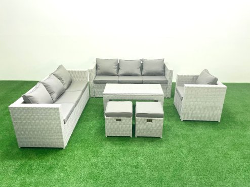 Fimous Wicker PE Rattan Sofa Garden Furniture Set with Oblong Coffee Table Armchair 2 Small Footstools Light Grey Mixed