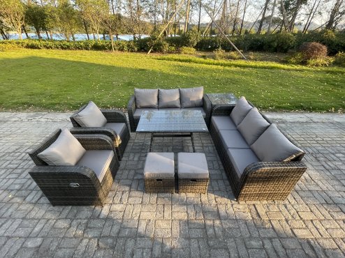 Fimous 10 Seater Rattan Outdoor Garden Furniture Sofa Set Patio Table & Chairs Set with 3 Seater Sofa Rectangular Dining Table Side Table 2 Small Footstools Dark Grey Mixed