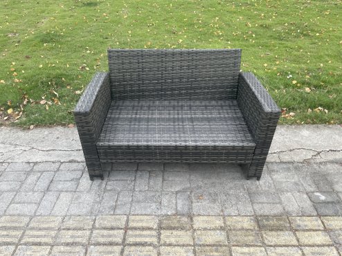 Fimous Dark Grey PE Wicker Rattan Garden Furniture Set Love Sofa Outdoor Rectangular Dining Table Big Footstool
