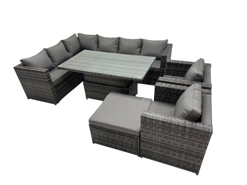 Fimous 9-seater Height Adjustable Rising Lifting Table Corner Sofa Set Rattan Garden Furniture Dining Set with Big Stool Dark Grey Mixed