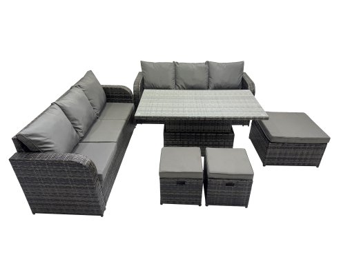Fimous Rattan Garden Furniture Dining Set 9-seater Patio Height Adjustable Rising Lifting Table Sofa Set with 3 Footstools Dark Grey Mixed