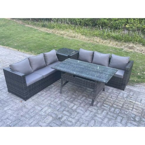 Fimous PE Wicker Outdoor Garden Furniture Set Patio Rattan Rectangular Dining Table Lounge Sofa with Side Table 6 Seater Dark Grey Mixed