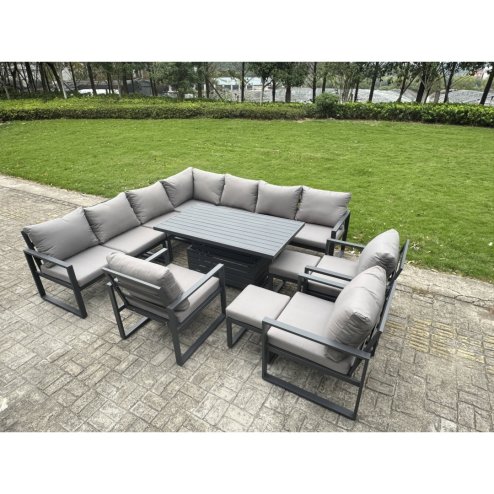 Fimous 9 Piece L-shaped Garden Furniture Set 10-Seater Aluminium Outdoor Dining Set with Adjustable Rising Lifting Dining Table 3 Chairs Dark Grey