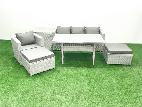 Fimous Rattan Garden Furniture Set Outdoor 6 Seater Patio Dining Sets with Glass Top Dining Table and Side Table Light Grey Mixed