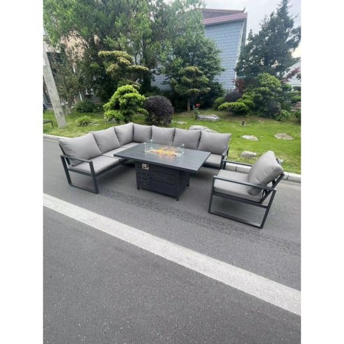 Fimous Aluminum Outdoor Garden Furniture Set Corner Sofa Chair Gas Fire Pit Dining Table Set Gas Heater Burner Dark Grey 7 Seater