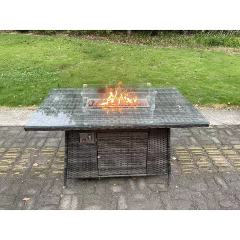 Fimous 6 Seater Outdoor PE Rattan Garden Furniture Set Gas Fire Pit Dining Table Gas Heater Burner With 2 Armchairs 2 Side Tables Big Footstool Dark Grey Mixed