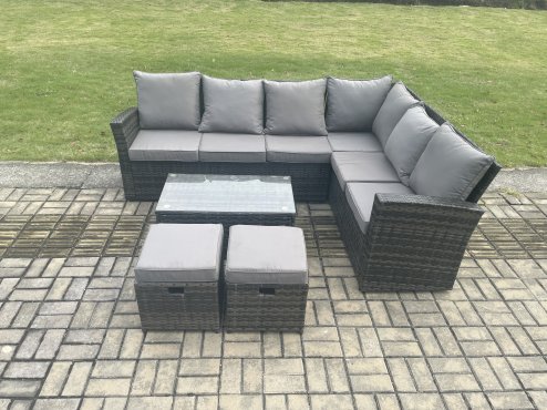 Fimous Wicker PE Outdoor Garden Furniture Set High Back Rattan Corner Sofa Set with Rectangular Coffee Table 2 Small Footstools