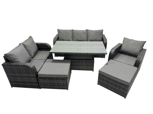 Fimous Rattan Garden Furniture Dining Set 8-seater Patio Height Adjustable Rising Lifting Table Sofa Set with 2 Big Footstool Dark Grey Mixed