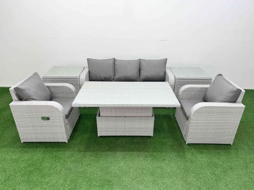 Fimous PE Rattan Garden Furniture Set Reclining Chair Sofa Lounge Sofa Set Adjustable Lifting Dining or Coffee Table 2 Side Table Light Grey