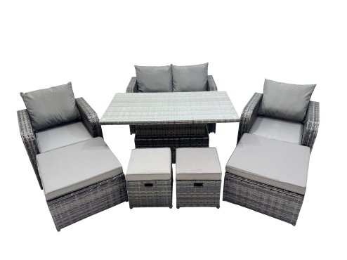 Fimous 8-seater Patio Height Adjustable Rising Lifting Table Sofa Sets Rattan Garden Furniture Dining Set with 4 Footstool Dark Grey Mixed