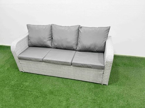 Fimous Patio PE Wicker 7 Seater Outdoor Rattan Furniture Sofa Sets with Oblong Coffee Table Reclining Chair Loveseat Sofa 3 Seater Sofa Big Footstool 2 Side Table Light Grey