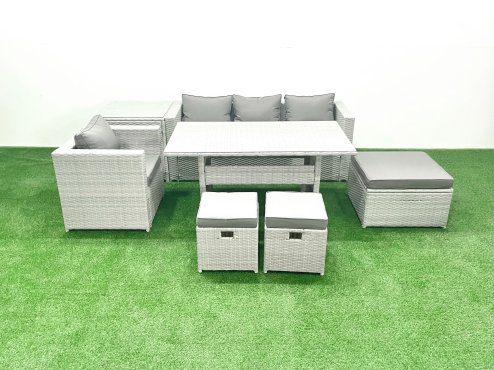 Fimous Rattan Garden Furniture Dining Set 7 Seater Lounge Sofa Chair Dining Table Set with 3 Footstools Side Table Light Grey Mixed