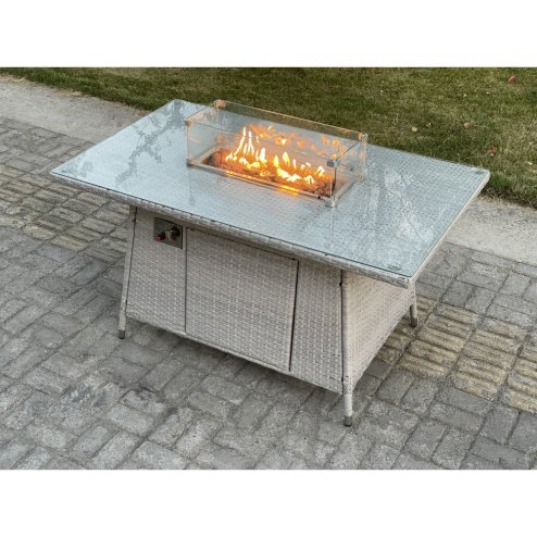 Fimous Light Grey Rattan Garden Furniture Set Gas Fire Pit Dining Set Heater Burner Lounge Sofa Chairs Outdoor