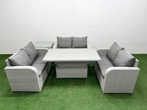 Fimous 6 Seater PE Wicker Rattan Furniture Sofa Sets with Adjustable Lifting Dining or Coffee Table 2 Seater Love Sofa Side Table Light Grey