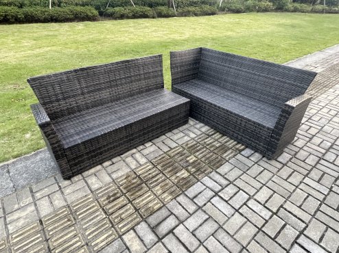 Fimous 8 Seater Garden Rattan Furniture Corner Sofa Dining Table Set with 2 Small Footstools Indoor Outdoor Lounge Sofa Set