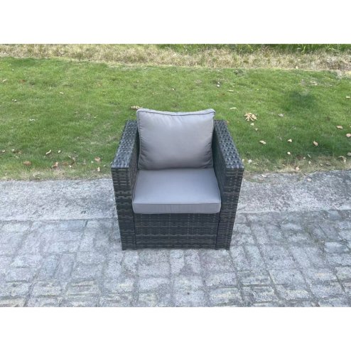Fimous Outdoor Garden Furniture Set Patio Rattan Rectangular Dining Table Lounge Sofa Chair with Big Footstool 2 Small Stools Dark Grey Mixed