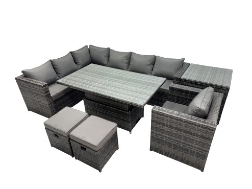 Fimous 9-seater Height Adjustable Rising Lifting Table Corner Sofa Set Rattan Garden Furniture Dining Set with 2 Small Stool Side Table Dark Grey Mixed