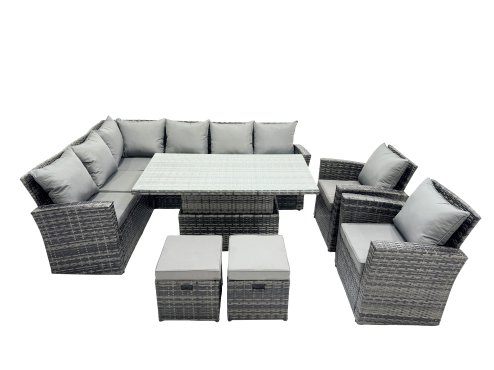 Fimous Poly Rattan Outdoor Patio Height Adjustable Rising Lifting Table Corner Sofa Set with 2 Small Stool,2 Chairs for Garden Backyard Dark Grey Mixed