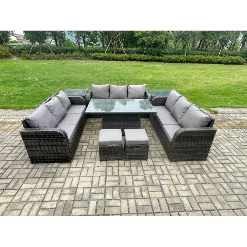 Fimous 11 Seater Garden Dining Sets Outdoor Rattan Furniture Lounge Sofa Height Adjustable Rising lifting Table With 2 Side Tables 2 Small Footstools Dark Grey Mixed