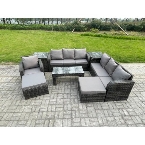Fimous Outdoor Lounge Sofa Set 9 Seater Rattan Garden Furniture Set with Rectangular Coffee Table 3 Seater Sofa 2 Side Tables 2 Big Footstool Dark Grey Mixed