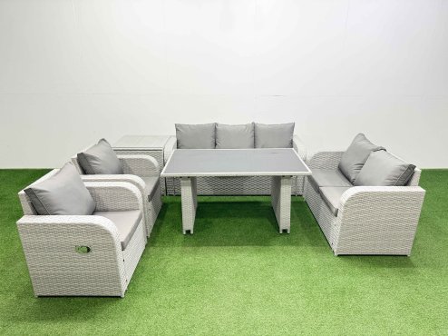 Fimous 7 Seater Garden Furniture Set PE Ratten Garden Sofa Set with Rectangular Dining Table Side Table Light Grey