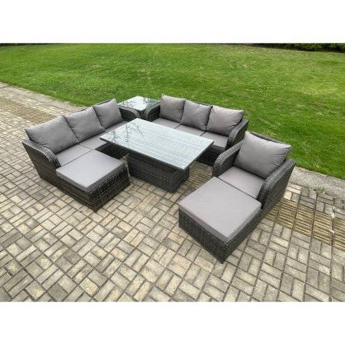 Fimous PE Rattan Outdoor Garden Furniture Sets Height Adjustable Rising lifting Dining Table Sofa Set with Side Tables Reclining Chair 2 Big Footstool