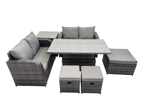 Fimous 7-seater Patio Height Adjustable Rising Lifting Table Sofa Sets Rattan Garden Furniture Dining Set with 3 Stools Side Table Dark Grey Mixed