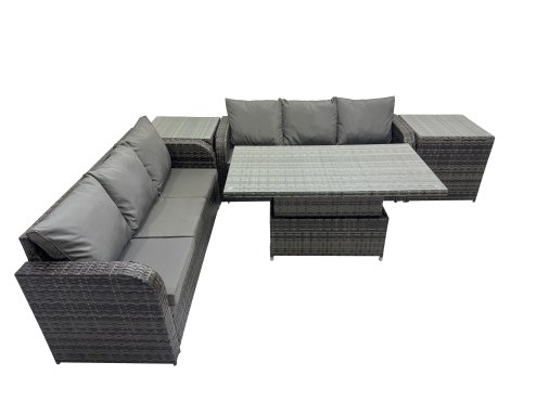 Fimous Rattan Garden Furniture Dining Set 6-seater Patio Height Adjustable Rising Lifting Table Sofa Set with 2 Side Table Dark Grey Mixed