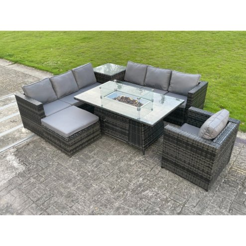 Fimous Rattan Garden Corner Furniture Gas Fire Pit Table Dining Sets Gas Heater Lounge Chair Big Footstool Side Coffee Table