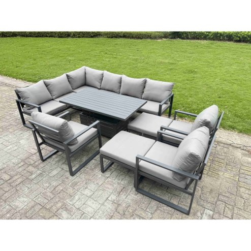 Fimous Aluminium Garden Furniture Sets,10 Seater Outdoor Conversational Dining Set with Adjustable Rising Lifting Dining Table,2 Big Footstools Dark Grey
