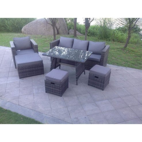 Fimous 7 Seater Grey Lounge Rattan Sofa Set Dining Table Chair Foot Rest Garden Furniture Outdoor