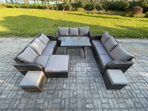 Fimous 12 Seater Wicker Rattan Garden Furniture Set with Rectangular Dining Table 3 Footstools Patio Outdoor Lounge Sofa Set