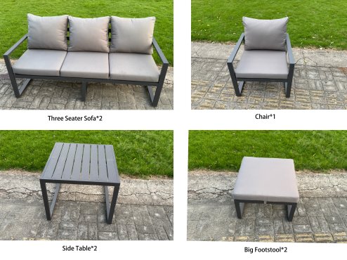 Fimous Garden Aluminium Furniture Set Dark Grey 9 Seater Outdoor Patio Adjustable Rising Lifting Dining Table with 2 Big Footstools Side Table Dark Grey