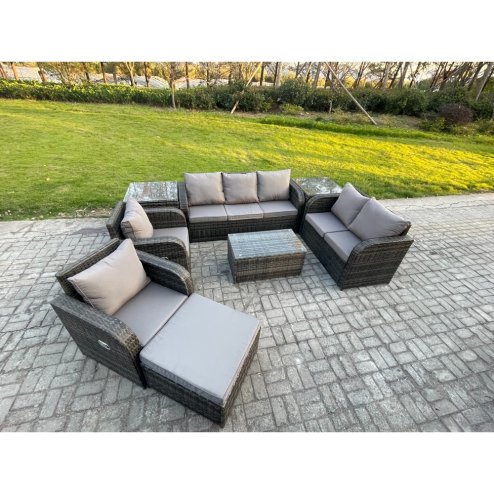 Fimous 8 Seater Rattan Wicker Garden Furniture Patio Conservatory Sofa Set with Rectangular Coffee Table 3 Seater Sofa Love Sofa Big Footstool 2 Side Tables