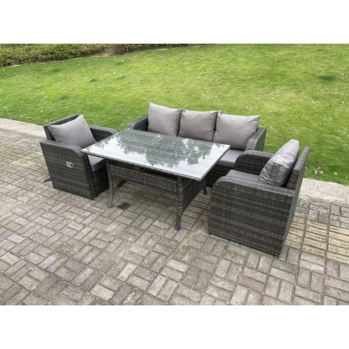 Fimous Dark Grey PE Wicker Rattan Garden Furniture Set 3 Seater Lounge Sofa Reclining Chair Outdoor Rectangular Dining Table 5 Seater