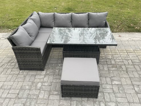 Fimous 7 Seater Rattan Garden Furniture Sets High Back Corner Sofa Height Adjustable Rising Lifting Table Set with Big Footstool Dark Grey Mixed
