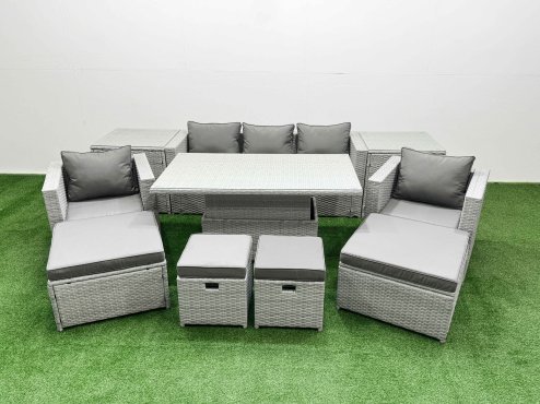 Fimous 10 PCs Rising Dining Table Set Rattan Furniture Set with 3 Seater Sofa Chair 2 Big Footstools 2 Small Footstools 2 Side Tables Light Grey