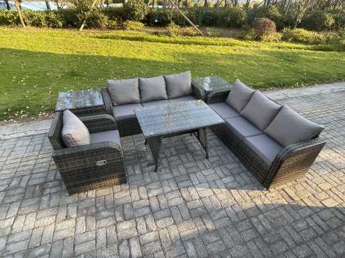 Fimous Outdoor Lounge Sofa Set Wicker PE Rattan Garden Furniture Set with Rectangular Dining Table Reclining Chair 2 Side Tables Dark Grey Mixed