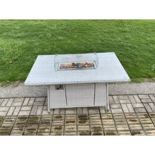 Fimous Outdoor PE Rattan Garden Furniture Gas Fire Pit Dining Table Armchairs With Big Footstool Light Grey