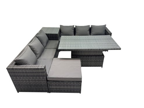 Fimous 7 Seater Outdoor Corner Sofa Height Adjustable Rising Lifting Table Set Garden Rattan Furniture Set with Big Stool Dark Grey