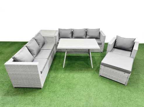 Fimous Outdoor Rattan Garden Furniture Dining Set 8-seater Patio Rectangular Table 3 Seater Sofa Armchair Set with Side Table Big Stool