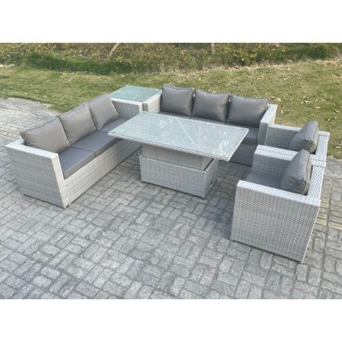 Fimous Rattan Garden Funiture Set Height Adjustable Rising Lifting Table Sofa Dining Set Lounge Sofa 2 Arm Chair Side Table