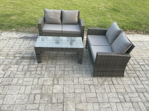 Fimous 3 Pieces Garden Furniture Sets Poly Rattan Outdoor Patio Furniture PE Wicker Furniture Set with Loveseat and Table for Garden Backyard Dark Grey Mixed