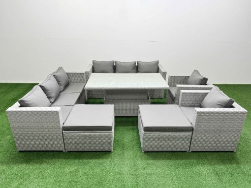 Fimous 7 PCs Rising Dining Table Set Rattan Furniture Set with 3 Seater Sofa Chair 2 Big Footstools Light Grey