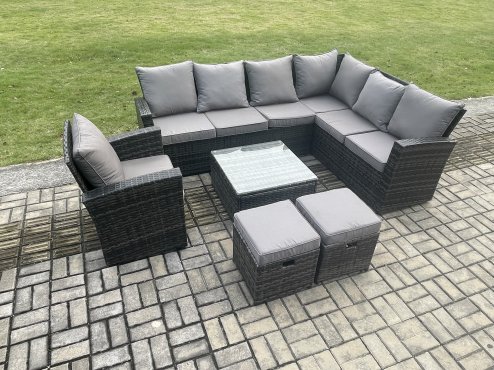Fimous 9 Seater Wicker PE Outdoor Garden Furniture Set High Back Rattan Corner Sofa Chair Set with 2 Small Footstools Square Coffee Table