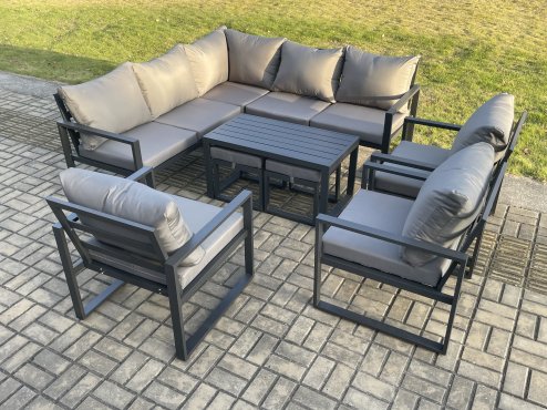 Fimous 10 Seater Aluminium Outdoor Garden Furniture Set Patio Lounge Sofa with Oblong Coffee Table Chair 2 Small Footstools Dark Grey